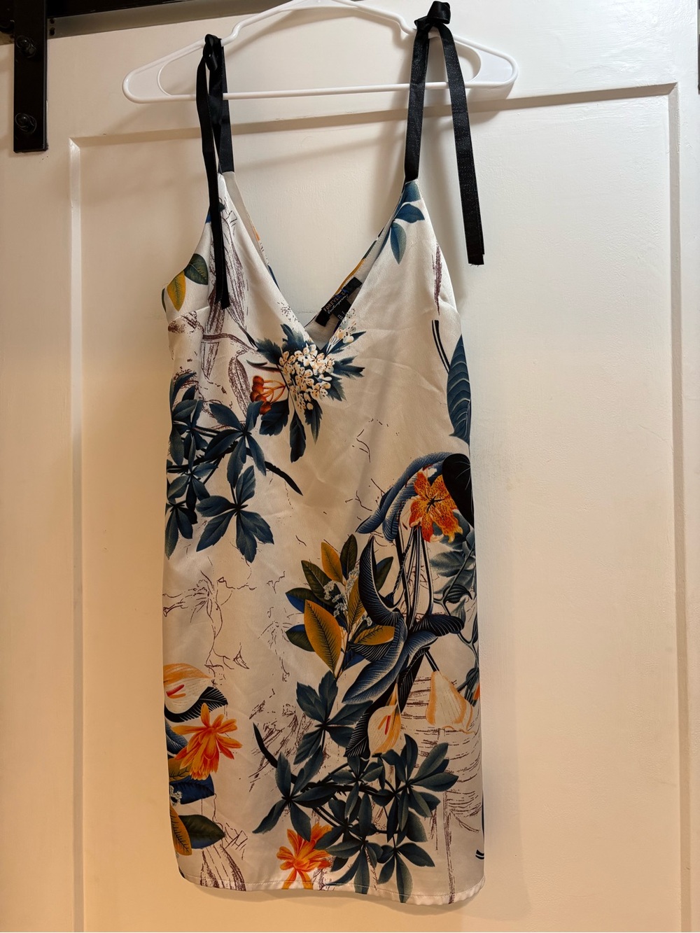Forever 21 Floral Slip Dress in Ivory with Black Straps and Teal Accents